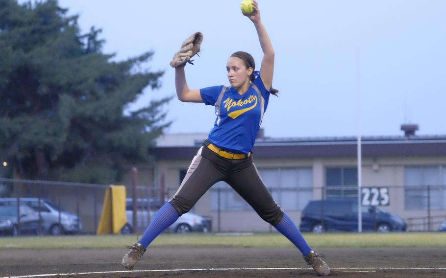 Yokota's Anysia Torres winds up against Zama during the Far East Division II Softball Tournament championship game May 20, 2015 at Yokota Air Base, Japan. Torres went undefeated in the tournament picking up five wins for the Panthers.