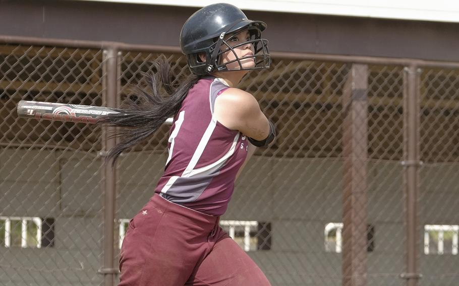 Matthew C. Perry's Tiarra Blanco slaps a single to right field during the Far East Division II Softball Tournament 7th place game at Yokota Air Base, Japan on May 20, 2015. Perry won 19-1.