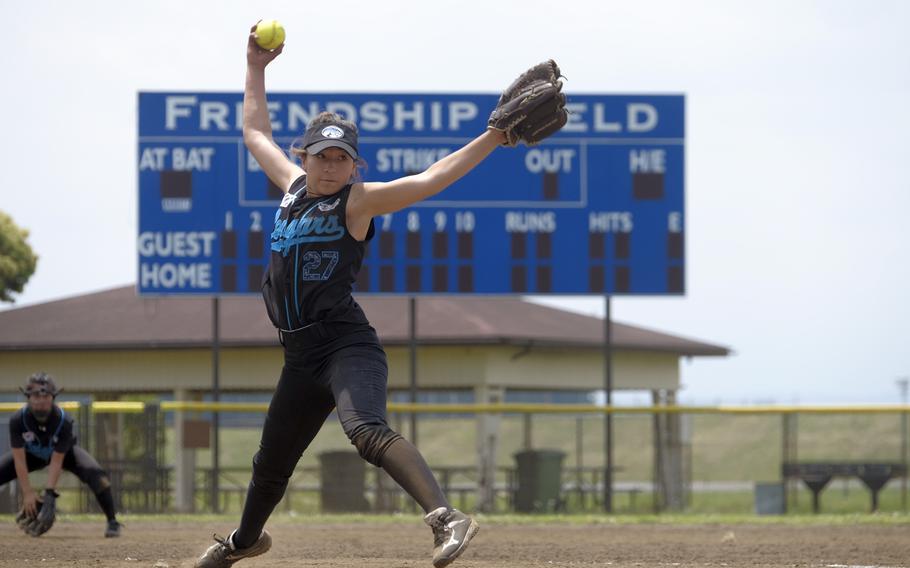 Osan's Alyssa Eitland winds up against Zama in the Far East Division II Softball Tournament semifinal at Yokota Air Base, Japan on May 20, 2015. Osan lost to Zama 15-10, but claimed third place in the tournament.