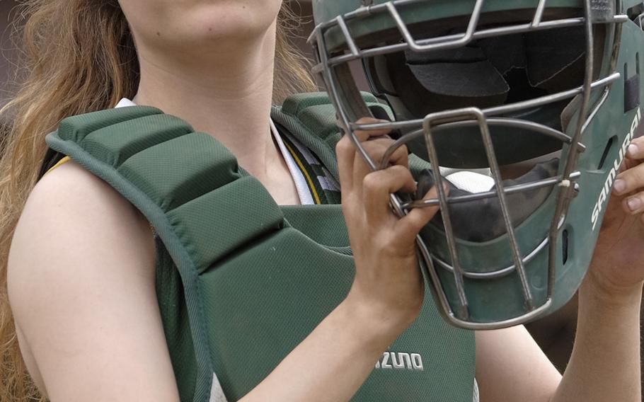 Robert D. Edgren's Raine Taylor readies herself during the Far East Division II Softball Tournament consolation rounds at Yokota Air Base, Japan May 20, 2015. Edgren defeated Perry 11-10.