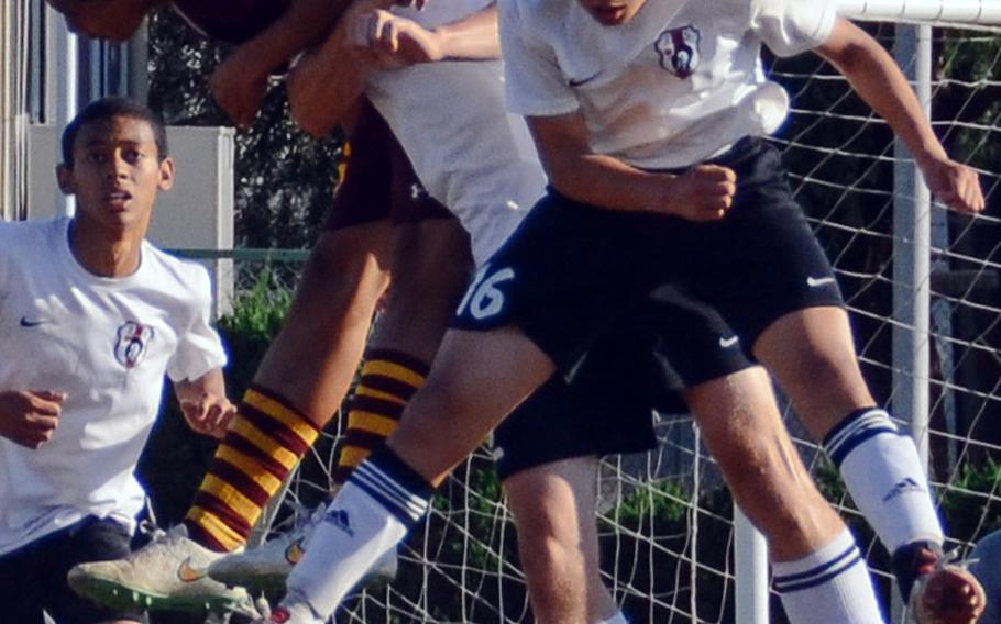 Zama's Ryan Grubbs and Yudai Harashima go up for the ball against Matthew C. Perry's Tyson Moore -- the Samurai's hero who scored two second-half goals, less than a week after his coach Mark Lange considered leaving him off the roster. Moore earned the Golden Boot award with 10 goals.
