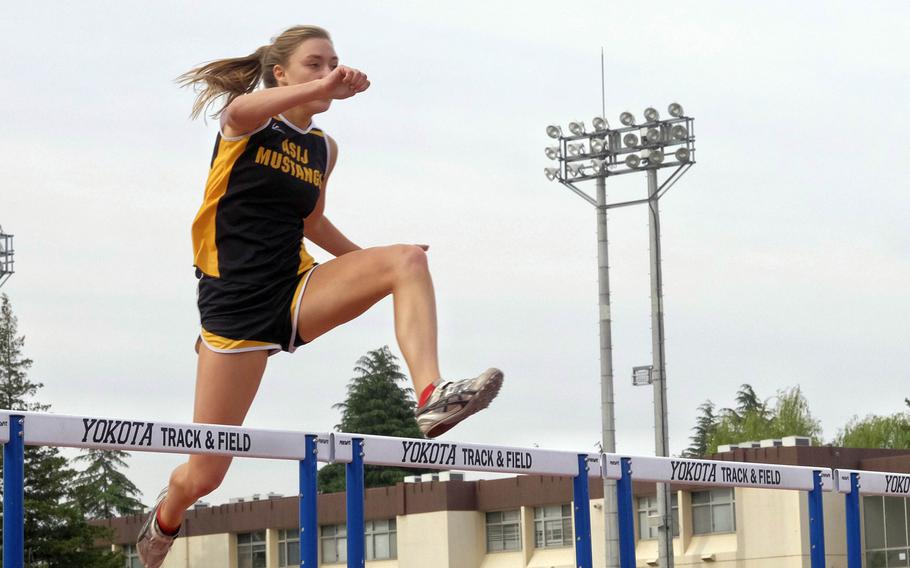 ASIJ's Jenna Doyno runs the 300 hurdles in a Pacific-record 46.61 on May 22, 2015 during the Far East Track and Field Tournament at Yokota Air Base, Japan.