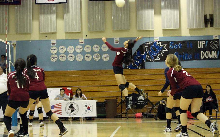 Yongsan's Michelle Kim skies for a back-row kill against Osan on Day 1 of the Korea Blue girls volleyball tournament. The Guardians outlasted the Cougars in four sets 25-15, 21-25, 25-20, 25-18.