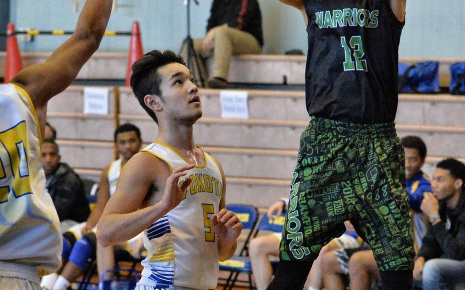 Daegu's Joone Abaya takes a jump shot during the Far East Boys Division II Tournament on Wednesday, Feb. 17, 2016 at Yokota Air Base, Japan.