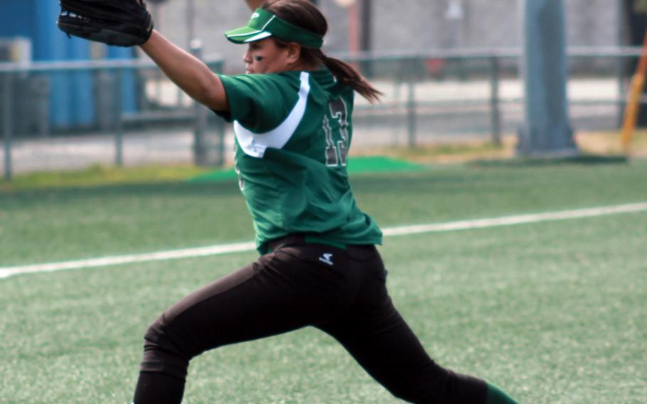 Daegu right-hander AnaMalae Tia kicks and delivers during Saturday's DODEA-Korea season-opening softball game. The Warriors swept a twin bill from Humphreys 16-0 and 21-19.