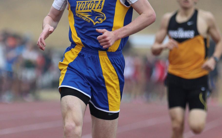 Yokota's Daniel Galvin led American School In Japan's Evan Yukevich for most of the 1,600-meter run during Saturday's season-opening Kanto Plain track and field meet at Camp Zama, Japan. But Yukevich rallied in the last 100 meters to beat Galvin and also top Galvin's Pacific record in the event with a time of 4 minutes, 21.5 seconds. Galvin's old mark was 4:23.42 set in 2014.