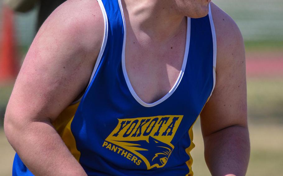 How sweet it is. Yokota junior Christian Sonnenberg celebrates breaking his own northwest Pacific record in the discus (51.98) with a throw of 56.40 meters during Saturday's Kanto Plain track and field meet at Yokota.