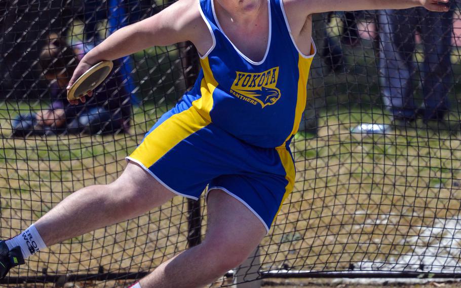 Yokota junior Christian Sonnenberg broke his own northwest Pacific record in the discus (51.98) with a throw of 56.40 meters during Saturday's Kanto Plain track and field meet at Yokota.