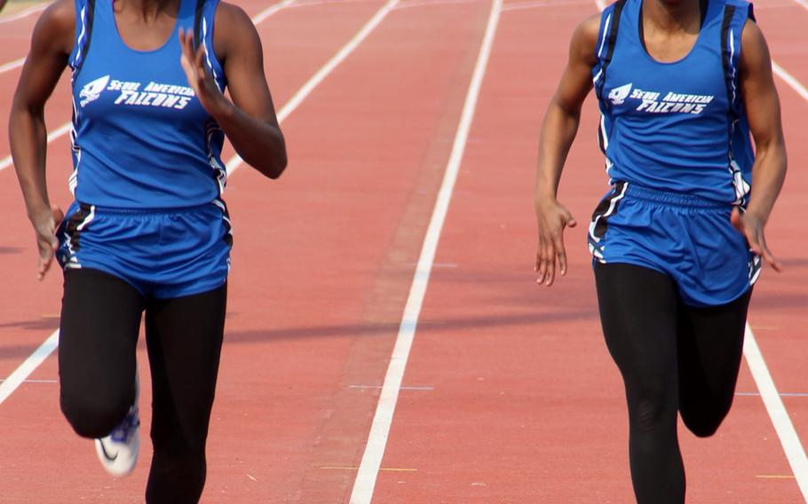 Seoul American's Naija Keith and Alyse Neal finished 1-2 in the girls 100 and 200 during Saturday's Korea track and field meet at Camp Humphreys.