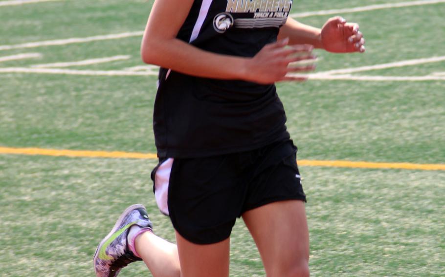 Humphreys' Nicole Castro won the girls 400 in 1 minute, 6.76 seconds and 800 in 2:38.45  during Saturday's Korea track and field meet at Camp Humphreys.
