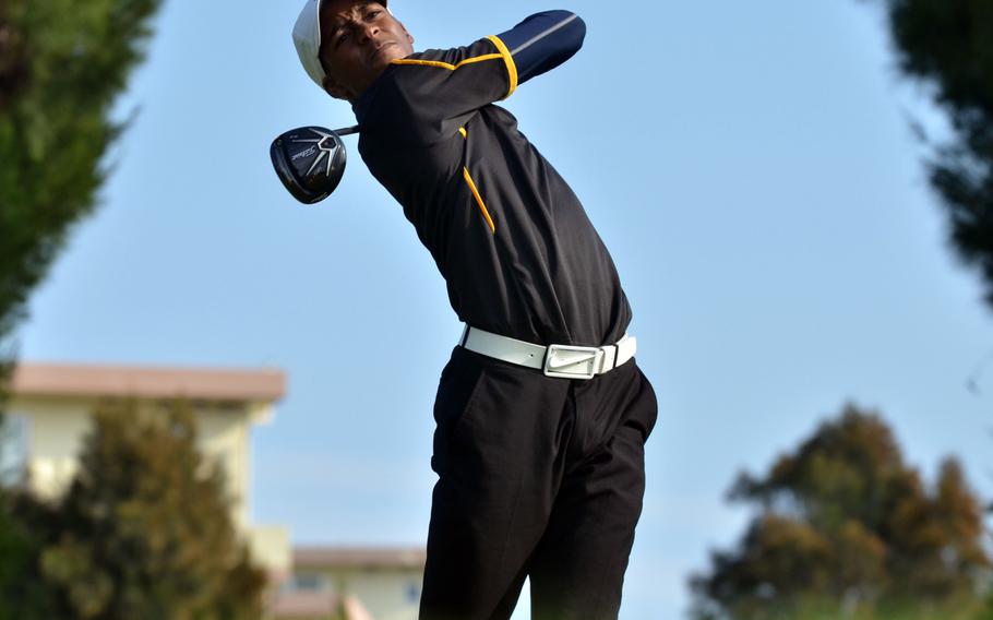 Kadena senior Jonathan Moore tees off at the 401-yard, par-4 Hole No. 7 on the Banyan Tree Golf Course at Kadena Air Base on Tuesday, March 29, 2016. Playing modified Stableford scoring rules, Moore bested the three other players in his group by carding 22, two strokes ahead of teammate Jonathan Henry and three in front of Kubasaki's Eric Heck. Teammate Carter Hanamura carded an 11.