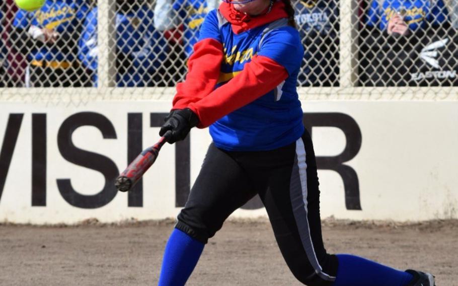 Yokota senior left-hander Anysia Torres takes her cuts against Edgren during Saturday's twin bill at Misawa Air Base. The Panthers won three of four games from the Eagles over the weekend, sweeping a doubleheader on Friday and splitting the two games on Saturday.