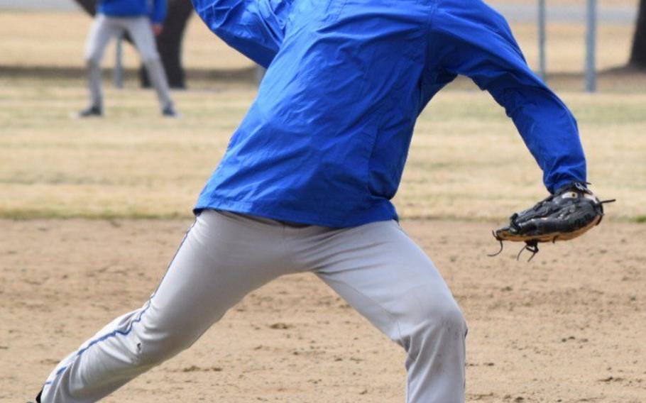 Yokota right-hander Sean Caffrey delivers against Edgren during Saturday's twin bill at Misawa Air Base. The Panthers won the weekend, beating the host Eagles 17-6 and 19-1 on Saturday, and 28-0 on Friday.