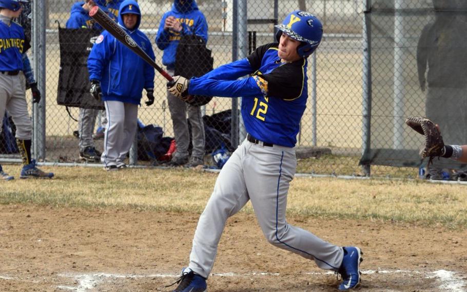Yokota junior Taylor Barnes takes his cuts against Edgren during Saturday's twin bill at Misawa Air Base. The Panthers won the weekend, beating the host Eagles 17-6 and 19-1 on Saturday, and 28-0 on Friday.