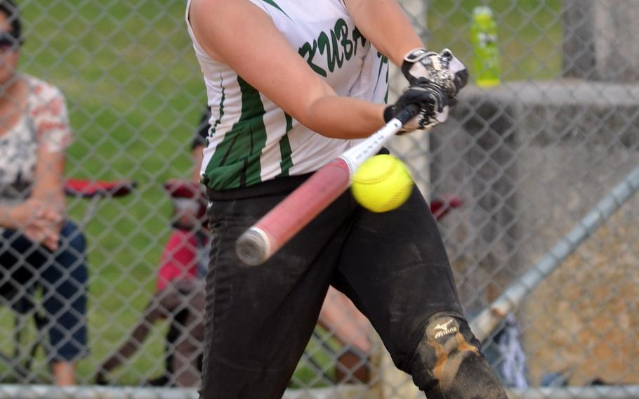 Kubasaki batter Madison Richardson connects against American School In Japan during Thursday's doubleheader opener. The Dragons won both games  by run rule. Richardson batted 5-for-9 with three RBIs in the two games.