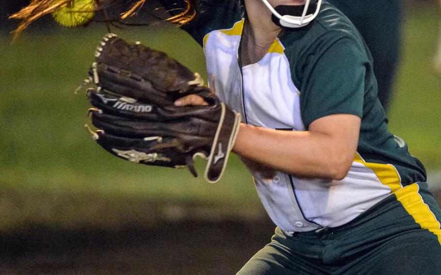 Edgren pitcher Brittany Crown readies a throw to first base against Yokota during Friday's DODEA-Japan softball tournament semifinal, won by the Panthers 6-1.
