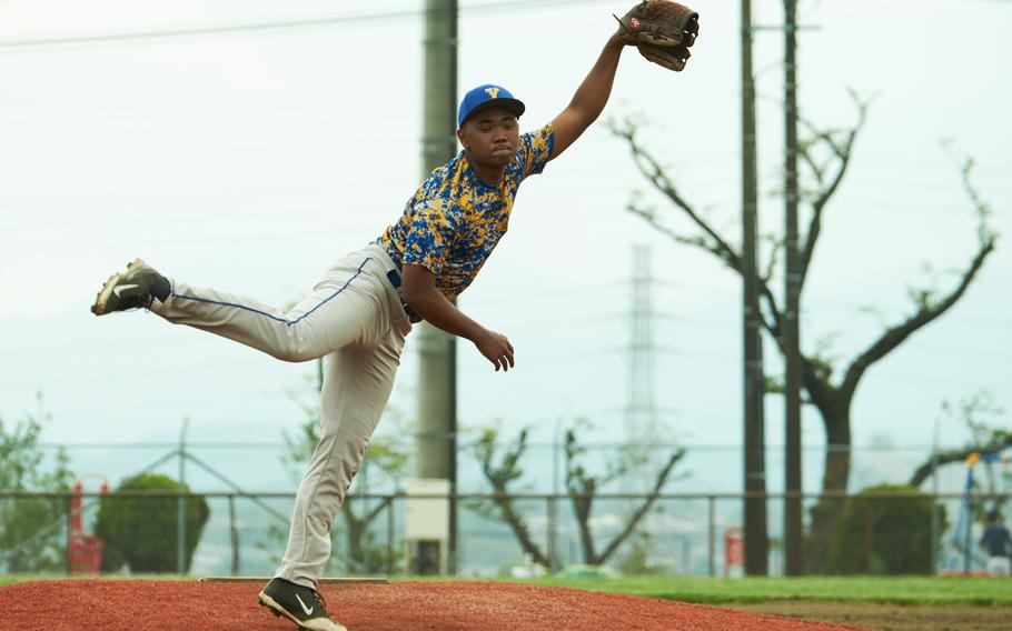 Yokota's Marcus Henagan pitched a complete game shutout in Yokota's 16-0 win over Matthew C. Perry Saturday at Rambler Field in Camp Zama, Japan. The victory crowned Yokota as the 2016 DODEA-Japan Tournament champion. 