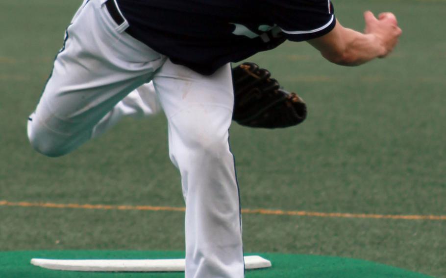 Seoul American right-hander David Messinger delivers against his old team, Daegu, during Saturday's DODEA-Korea baseball game at Victory Field, Camp Henry. Messinger's Falcons won 14-4.