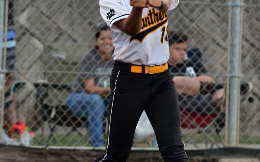Kadena sophomore Yasmine Doss batted 4-for-4, including a triple in the eighth inning, after which she scored the winning run on a passed ball.