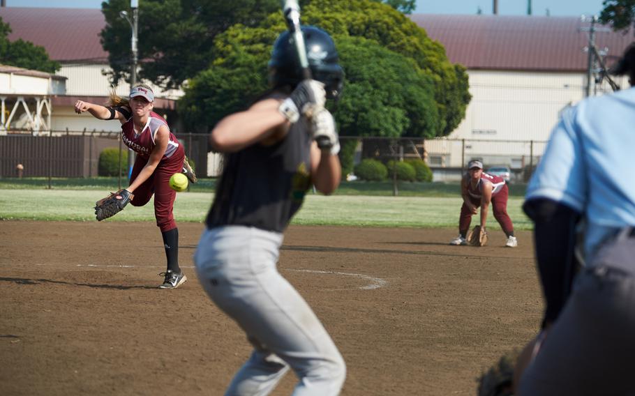 Matthew C. Perry's Madison Tunnell delivers a pitch during a pool play game against Robert D. Edgren on Monday, May 16, 2016 at the Far East Tournament in Yokota, Japan. The Samurai lost 30-0 in a three-inning mercy rule.