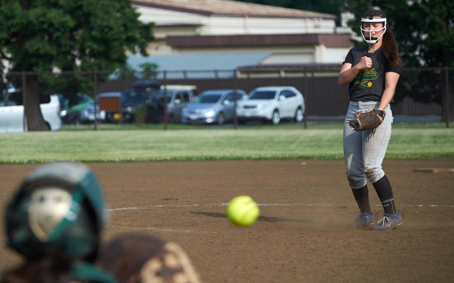 Robert D. Edgren's Brittany Crown  delivers a strike during the Samurai pool play game against Matthew C. on Monday,  May 16, 2016 at the Far East Tournament in Yokota, Japan.Crown pitched three perfect innings with eight strikeouts and a put out in a 30-0 mercy rule game. 