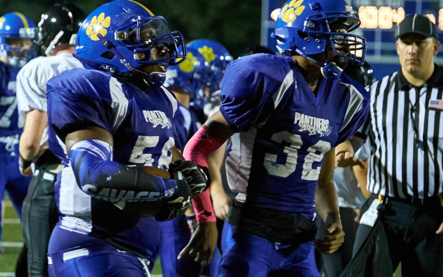 Yokota running back Jalen Harrison celebrates after running in the Panthers' first touchdown of the 2016 DODEA Japan season Friday, Sept. 2, 2016, at Yokota Air Base, Japan's Bonk Field. The fullback ran in two scores during Yokota's 22-6 win over the visiting Zama Trojans. 