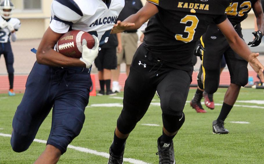 Seoul American wide receiver Willie Grandison scored the Falcons' lone touchdown on a 22-yard pass in the third quarter. Ryan Cabase, center, the Panthers' backup quarterback, ran for two Kadena second-half touchdowns after he relieved starter Cody Sego.