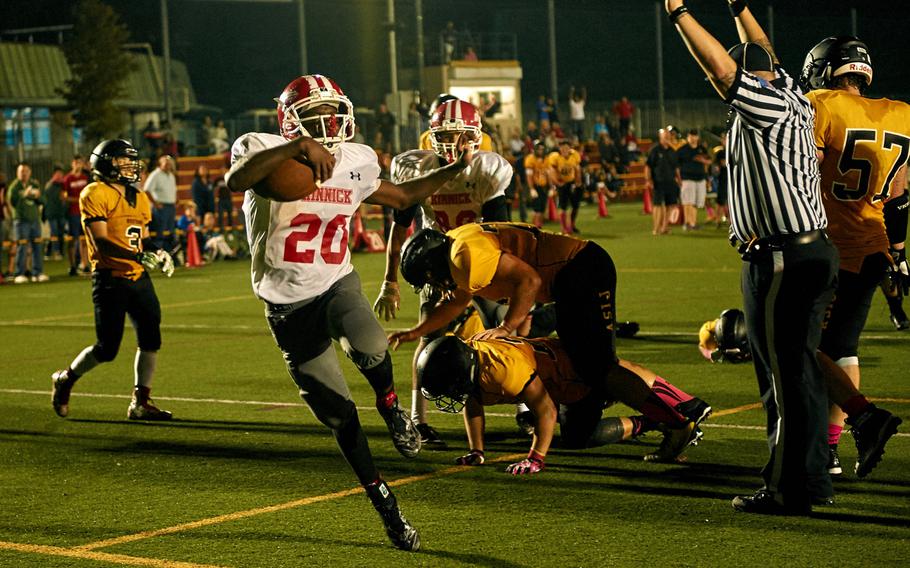 Kinnick running back Chauncey Jamerson dances his way into the end zone during the third quarter of the Devils game against host ASIJ Saturday, Oct. 1, 2016 in Chofu, Japan. Kinnick defeated ASIJ 29-22.