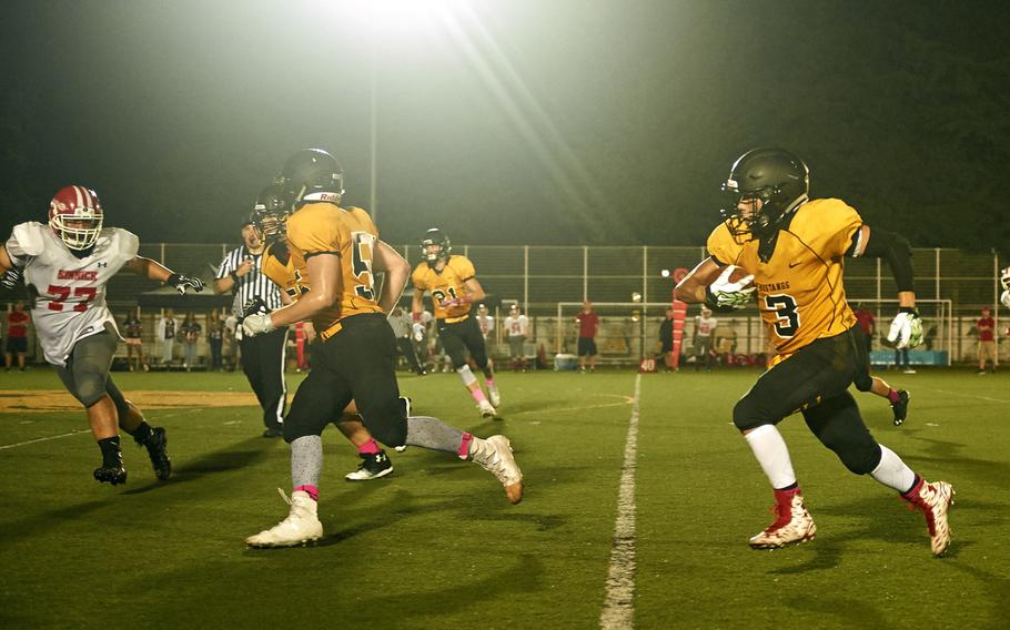 ASIJ defensive back Jo Tsusaka runs back an interception Saturday, Oct. 1, 2016 during a game against the visiting Kinnick Devils Saturday, Oct. 1, 2016 in Chofu, Japan. ASIJ would pick off Kinnick three times in a 29-22 loss.  