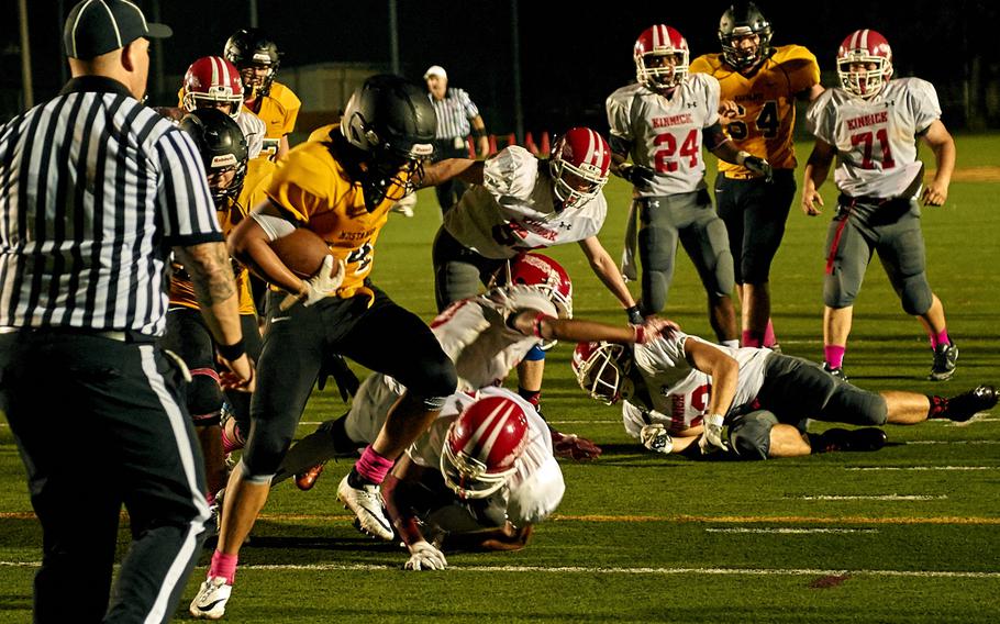 ASIJ running back Andrew Howe runs in a score during a fourth-quarter rally against the visiting Kinnick Devils Saturday, Oct. 1, 2016 in Chofu, Japan. ASIJ would score 16 points in the fourth, but still fall 29-22. 