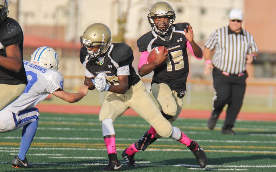 Humphreys running back DaShun Cline gets a block as he charges upfield.