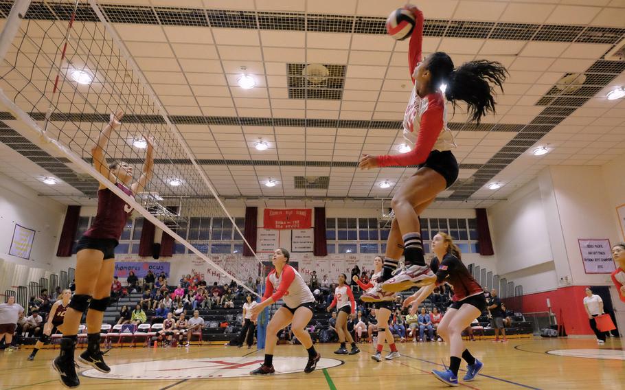 Kinnick's Exotica Hall records the kill against M.C. Perry during pool play of the DODEA-Japan Volleyball Tournament on Thursday, Oct. 27, 2016 at Naval Base Yokosuka, Japan. Kinnick defeated Perry 25-13, 25-15 en route to sweeping Pool A. 