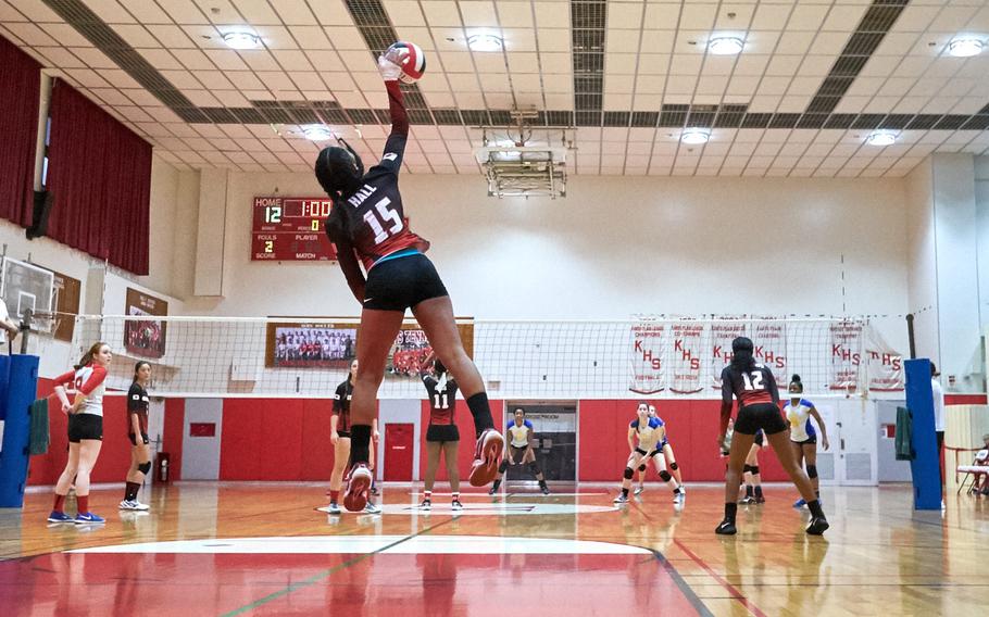 Kinnick's Exotica Hall serves in the fifth set of the DODEA-Japan Volleyball Tournament Championship on Saturday, Oct. 29, 2016 at Naval Base Yokosuka, Japan. 