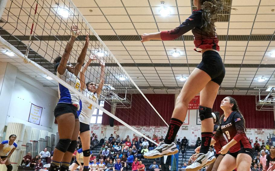 Kinnick's Shanice Sueda looks for an angle at the DODEA-Japan Volleyball Tournament Championship on Saturday, Oct. 29, 2016 at Naval Base Yokosuka, Japan. 