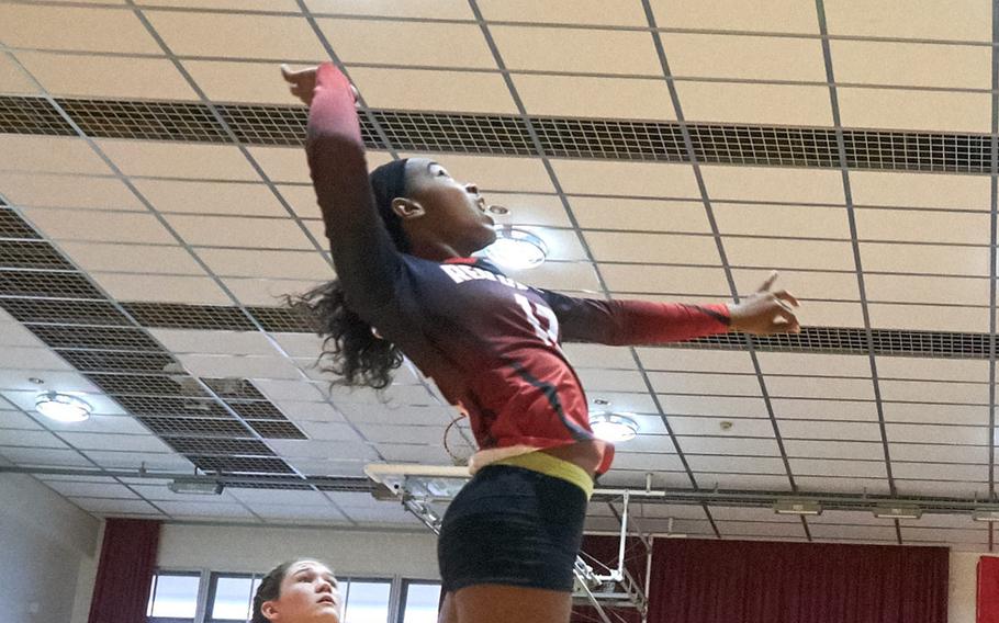 Kinnick's Jade McGinnis attacks from the outside at the DODEA-Japan Volleyball Tournament Championship on Saturday, Oct. 29, 2016 at Naval Base Yokosuka, Japan. 