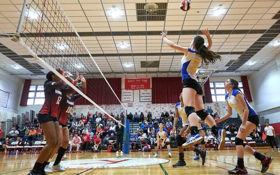 Yokota's Sally Lambie attempts to score in the second set of the DODEA-Japan Volleyball Tournament Championship on Saturday, Oct. 29, 2016 at Naval Base Yokosuka, Japan. 