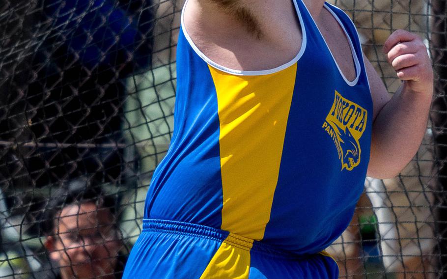 Yokota senior Christian Sonnenberg lets the discus fly Saturday. He broke his own Pacific record of 56.40 meters, throwing 58.04 on his first attempt. It's the second Pacific field-event record to fall in as many weeks.