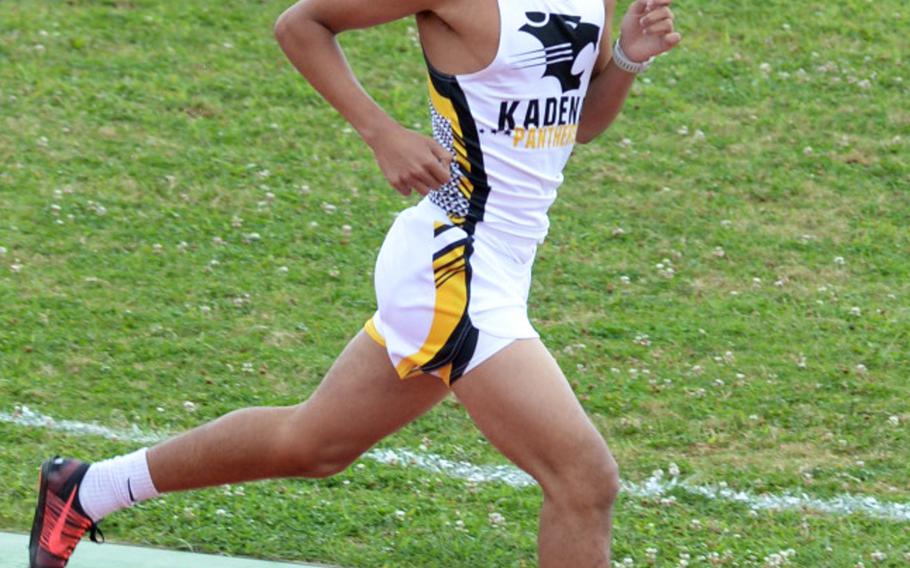 Kadena senior Aziel Rubero heads for the finish of the 1,600 during Saturday's Okinawa track and field meet. Rubero won in 5 minutes, 0.22 seconds..