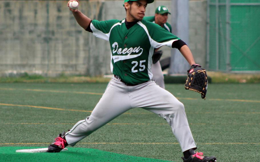 Daegu right-hander Michael Martinez delivers against Seoul American during Saturday's baseball game, won by the Falcons 7-3.