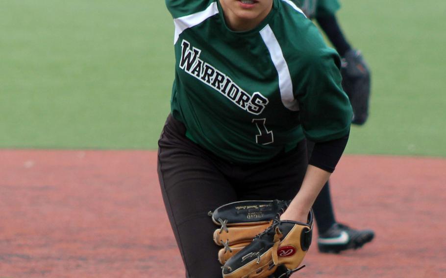 Daegu's Kaitlyn Sandoval prepares to pitch against Humphreys during Saturday's softball game, won by the Warriors 34-5.