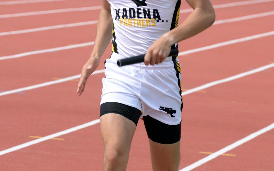 Kadena sophomore Hayden Bills heads for the finish of the 1,600 relay during Friday's 13th Mike Petty Memorial Track and Field Meet. Bills anchored the Panthers to victory in 3 minutes, 40.24 seconds, the third of three gold medals Bills won in the meet.