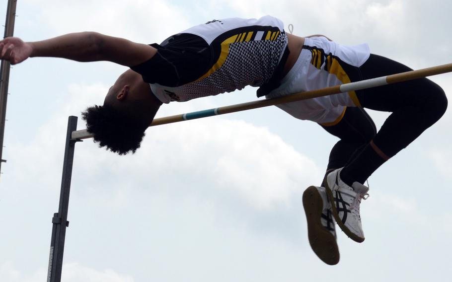 Kadena senior Donte Savoy just misses clearing 6 feet, 2 inches during Friday's 13th Mike Petty Memorial Track and Field Meet. Savoy settled for 6-0, or 1.82 meters, to win the event.