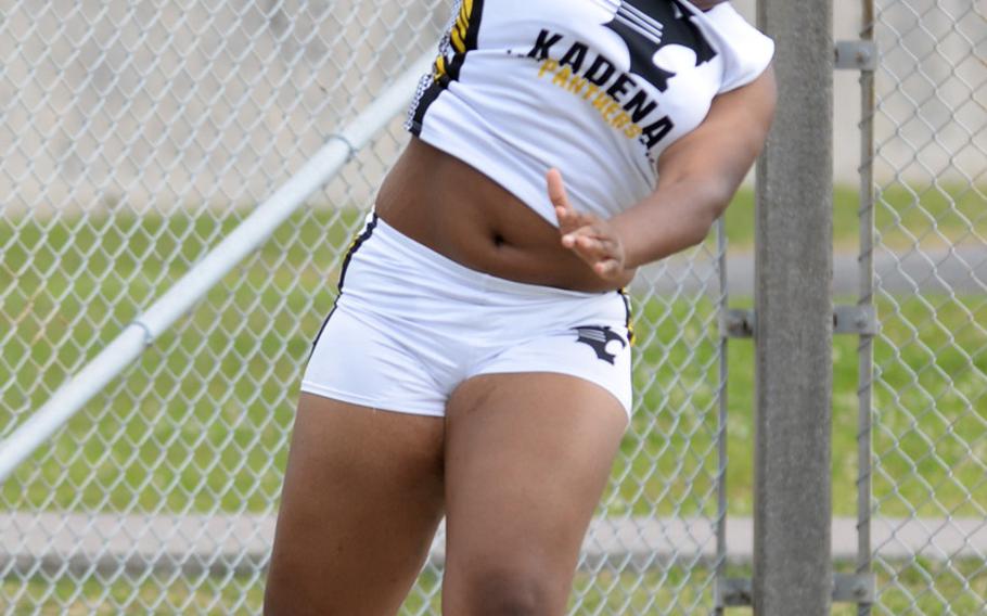 Kadena sophomore Nikeria Albritton lets the shot fly during Friday's 13th Mike Petty Memorial Track and Field Meet. Albritton won the event in 10.25 meters.