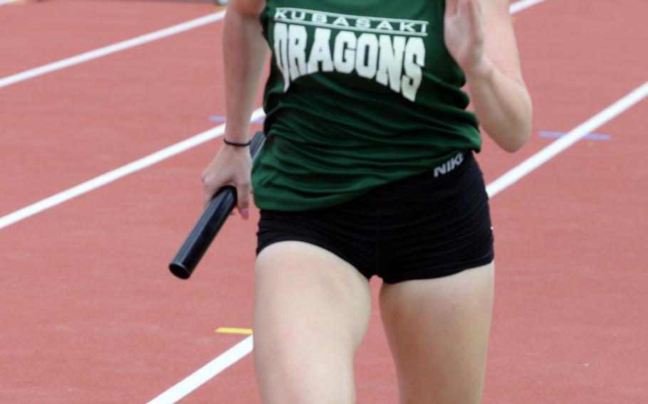 Kubasaki freshman Elizabeth Joy anchors the Dragons to victory in the girls 3,200 relay during Friday's 13th Mike Petty Memorial Track and Field Meet. Kubasaki won in 11 minutes, 25.17 seconds.