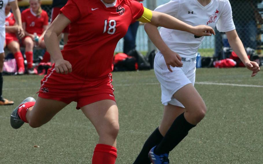 Nile C. Kinnick's Kiralyn Kawachi and E.J. King's Gabi Shultz chase the ball during Saturday's girls soccer match, won by the Red Devils 1-0.