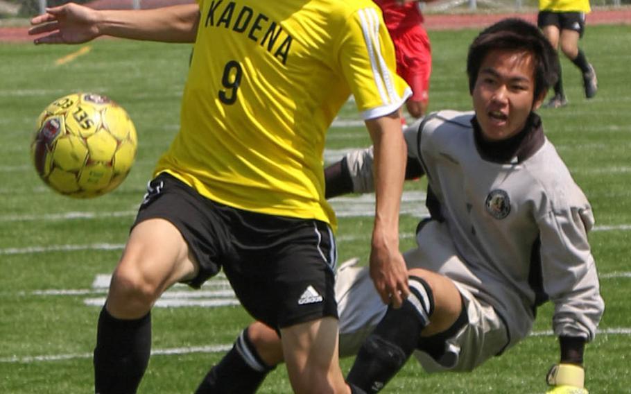 Kadena's Kian Smith plays the ball against Showa Yakka during Sunday's boys soccer match. Smith scored the only goal as the Panthers won 1-0.