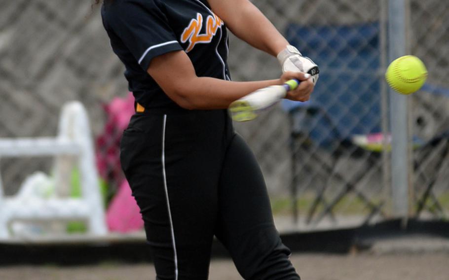 Kadena's Nadia Doss takes her cuts against Kubasaki. She went 2-for 4 with a double and four RBIs as the Panthers outscored Kubasaki 22-1 from that point for a 22-9 win Friday, giving Kadena the season series against the Dragons 3-2 after trailing 2-0.