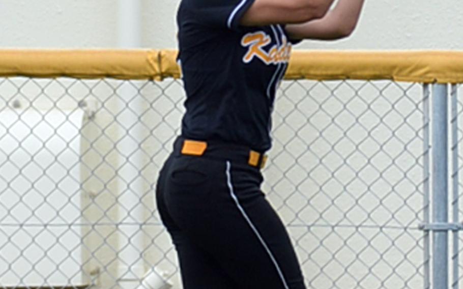 Kadena center fielder Yasmine Doss can't find the handle on a fly ball against Kubasaki that opened the floodgates for an 8-0 Dragon first inning. The Panthers outscored Kubasaki 22-1 from that point for a 22-9 win Friday, giving Kadena the season series against the Dragons 3-2 after trailing 2-0.