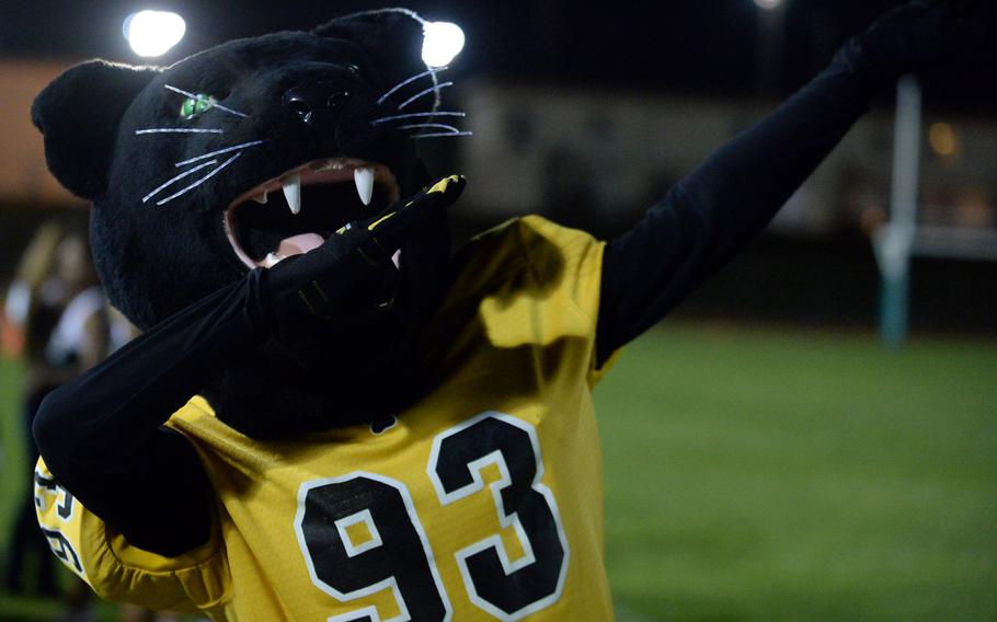 Prowler, Kadena's mascot, strikes a pose on the Kubasaki sideline.