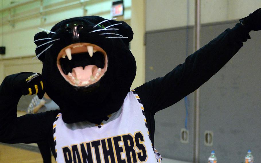 The Kadena Panthers mascot strikes a pose before Tuesday's basketball games at Kubasaki. The Panthers boys and girls won 50-35 and 39-13.